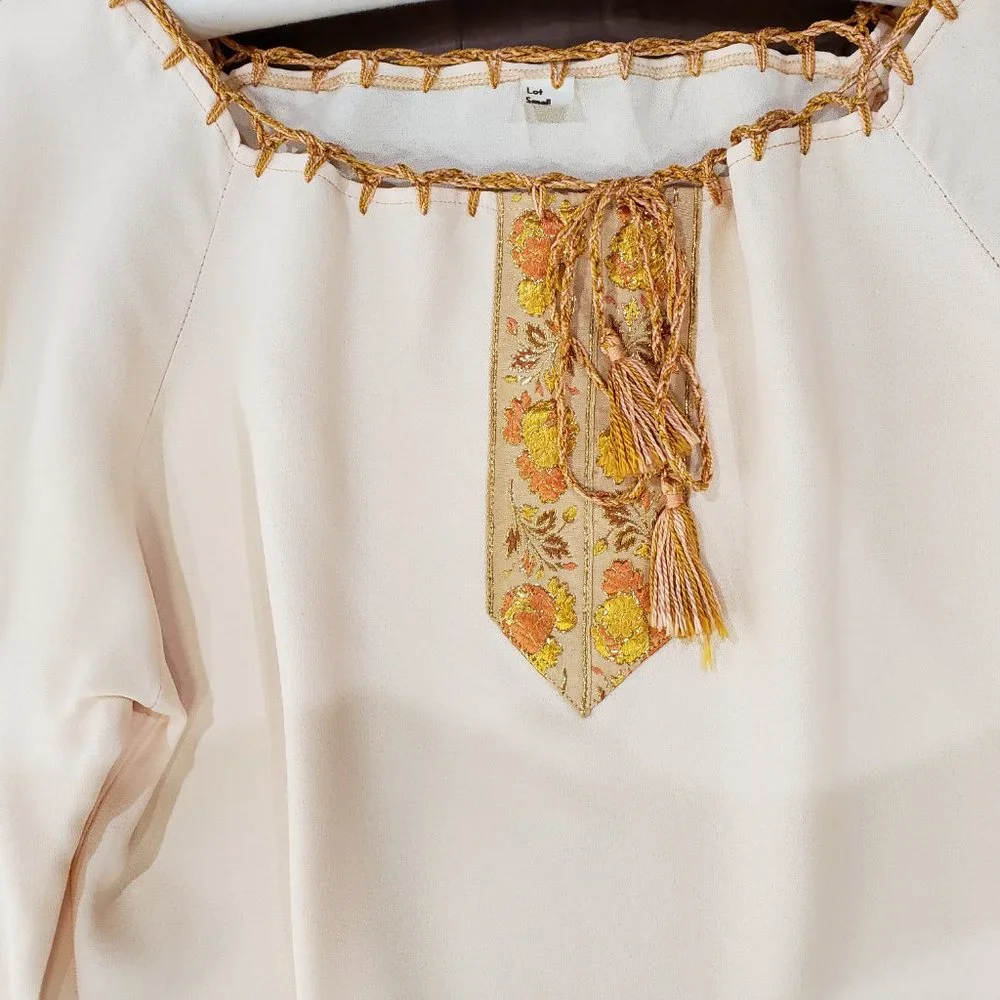 Vintage 1970s Peasant Shirt Gold Trim, Tassel Drawstrings, Small - Picture 4 of 8